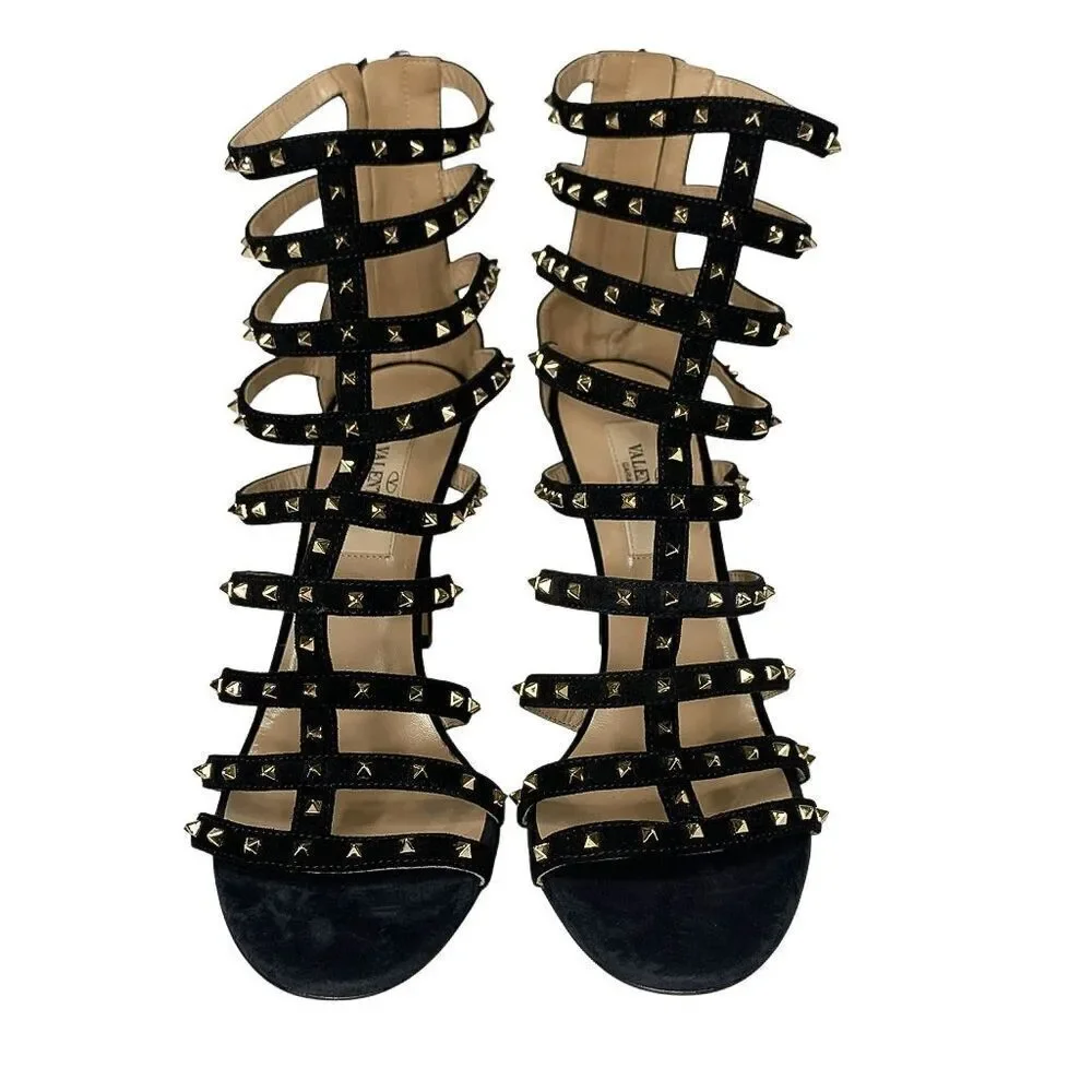 Valentino Garavani Caged Stud Sandal EU 37 US 7 Black Suede High Heel Rockstud